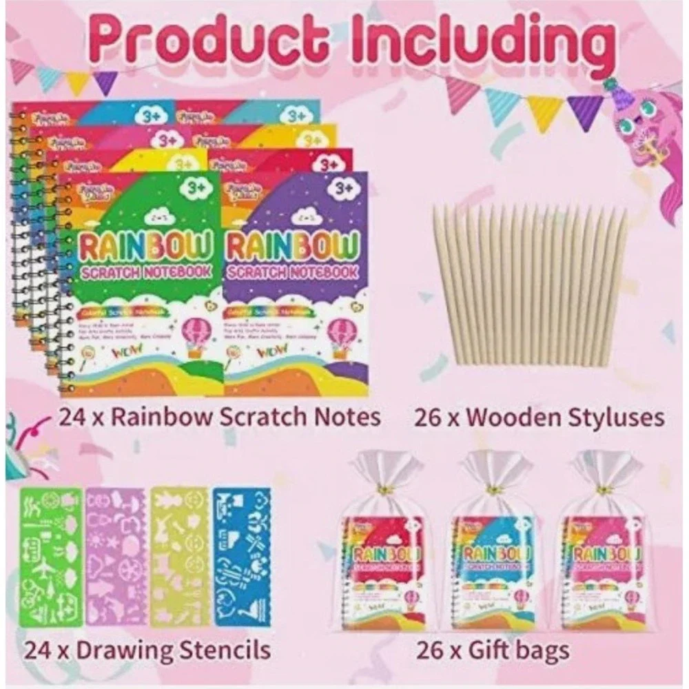 Kids Party Favors Arts Craft Theme Rainbow Scratch Birthday Goodie Bags Makes 24